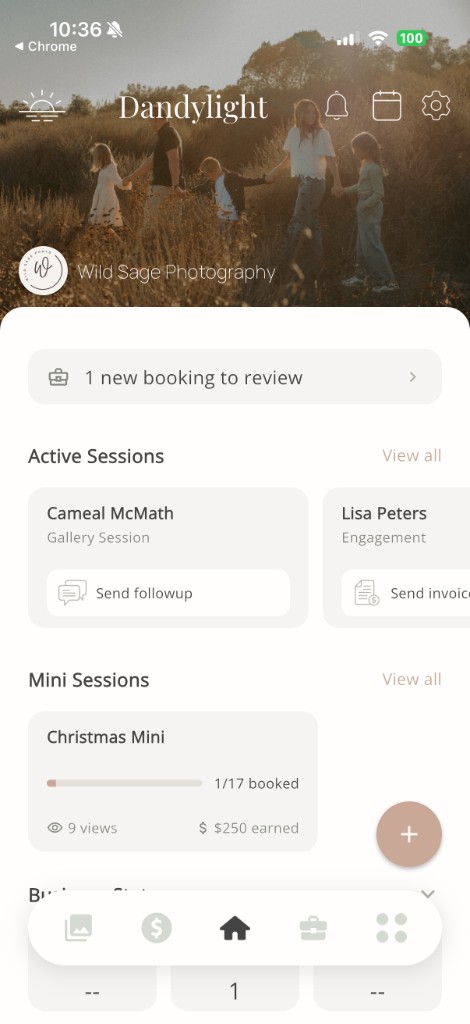 Dandylight home dashboard with active sessions and bookings