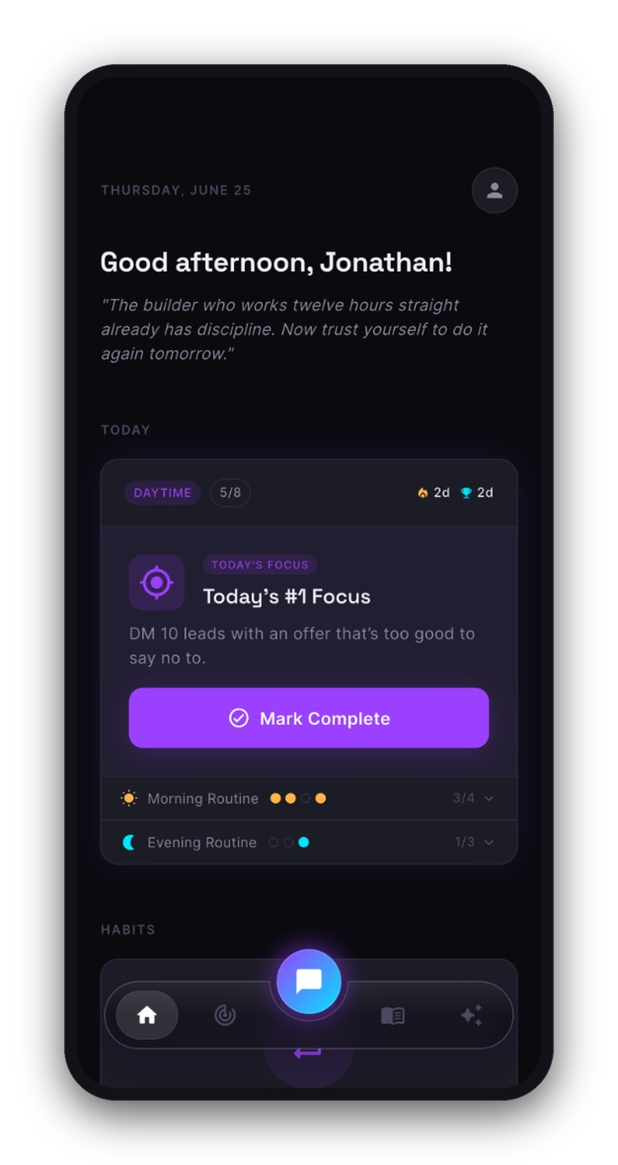 MindsetForge dashboard with daily rituals